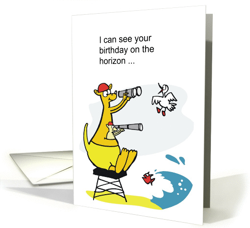 Cartoon of kangaroo lifeguard and joey using binoculars. card