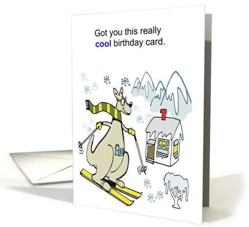 Cartoon showing kangaroo with scarf skiing down mountain slope. card