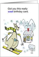 Cartoon showing kangaroo with scarf skiing down mountain slope. card
