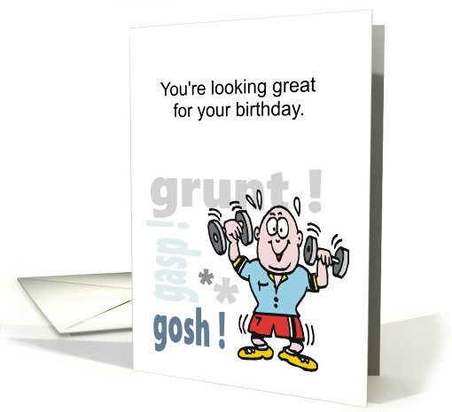 Cartoon of happy man working out with weights. card (1420138)
