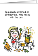 Cartoon of smiling woman using kitchen appliance to make carrot juice card