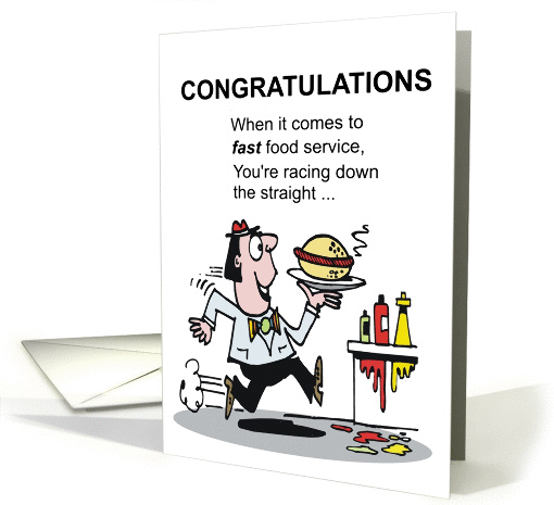 Cartoon of man racing with hamburger on plate in restaurant. card