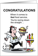 Cartoon of man racing with hamburger on plate in restaurant. card
