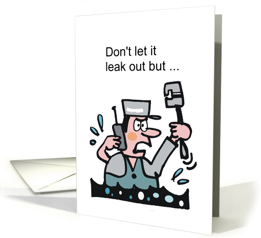 Cartoon of worried plumber using mobile and trying to fix leak. card