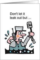 Cartoon of worried plumber using mobile and trying to fix leak. card