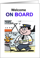 Cartoon of happy sailor with chart being saluted by cheeky bird. card