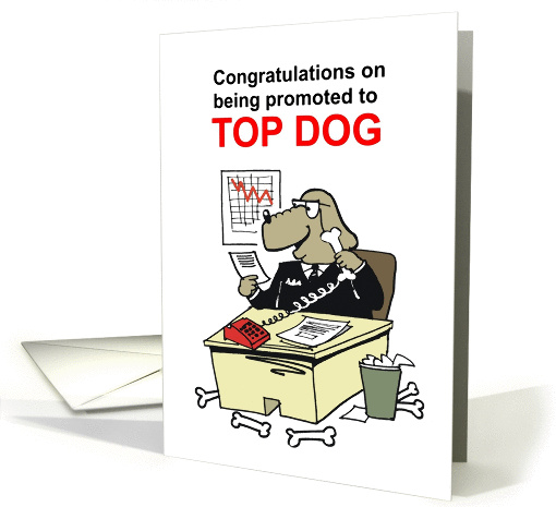 Cartoon of important dog executive using phone in office. card