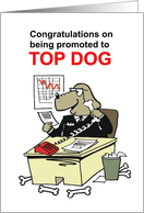 Cartoon of important dog executive using phone in office. card