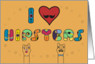 I love Hipsters. Unusual colorful font. Heart with hipster’s mustache card