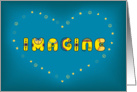 Imagine. Unusual colorful font and symbols of hearts, stars, pacifics card