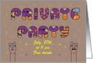 Private Party Invitation. Artistic purple orange font. card