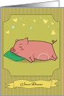 Sleeping cute pig with green pillow card