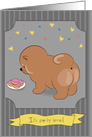 Pet’s party invitation. Cute puppy with donuts. It’s party time. card