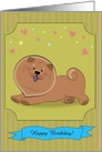 Cute puppy Chow-chow with hearts and stars. Happy birthday card