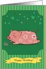 Cute pig with white decor and cake. Happy birthday card