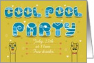 Cool pool party Invitation. Artistic blue white font. Vintage hands card