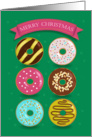 Festive card. Merry Christmas. Six colorful donuts. card