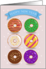 Happy New Year. festive card with colorful donuts card
