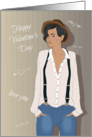 Happy Valentine’s Day. Hipster girl. Chalk inscriptions on the fence card