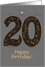 20th Birthday Card. Floral Artistic Number Twenty. Custom text front card