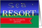 Sea resort. Trip card for parents. Night beach. Custom text front card