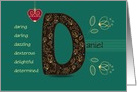 Name Day of Daniel. Artistic Letter D and Golden Color Flowers card