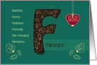 Name Day of Frances. Artistic Letter F and Golden Color Flowers card
