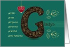 Name Day of Gladys. Letter G and Golden Color Flowers card