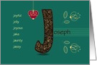 Name Day of Joseph. Letter J and Golden Color Flowers card