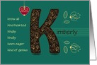Name Day of Kimberly. Letter K and Golden Color Flowers card