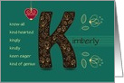 Name Day of Kimberly. Letter K and Golden Color Flowers card