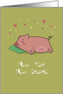 New Year. New Dreams. 2031 Year of the Pig. Cartoon Pig with pillow. card