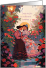 Romantic Evening Two Women in Love Seated Amid Lush Rose Bushes card