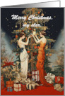 Two Women in Vintage Outfits Decorating a Christmas Tree card