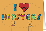 I love Hipsters. Unusual colorful font. Heart with hipster’s mustache card