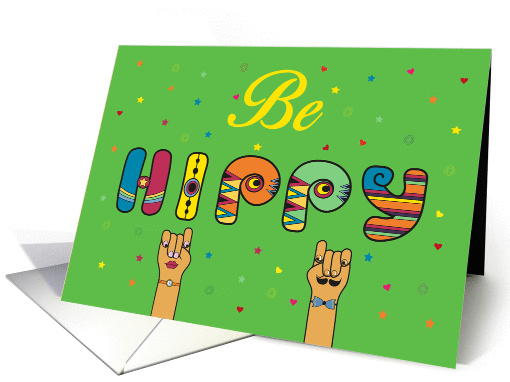 Be hippy. Unusual colorful font. Hand with mustache. Hipster look card