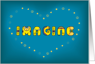 Imagine. Unusual colorful font and symbols of hearts, stars, pacifics card