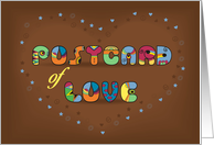 Postcard of love. Unusual colorful font and symbols of hearts, stars card