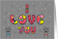 I love you. Card for gay men. Two male hands and gender symbols card