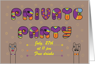 Private Party Invitation. Artistic purple orange font. card