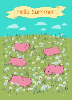 Happy pigs on the blossoming field. Hello, Summer
