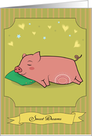 Sleeping cute pig with green pillow card