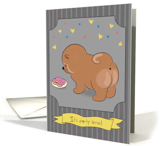 Pet's party invitation. Cute puppy with donuts. It's party time. card