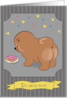Pet’s party invitation. Cute puppy with donuts. It’s party time. card