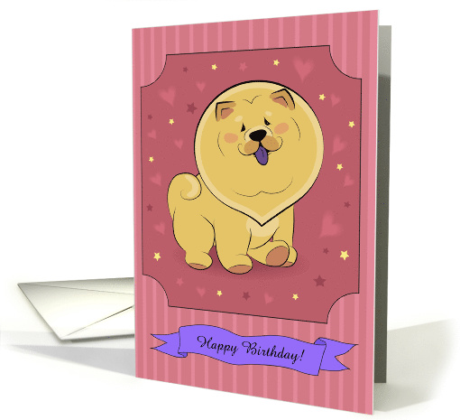 Cute puppy Chow-chow with hearts and stars. Happy birthday card