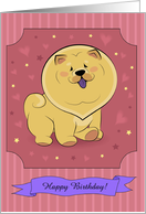 Cute puppy Chow-chow with hearts and stars. Happy birthday card