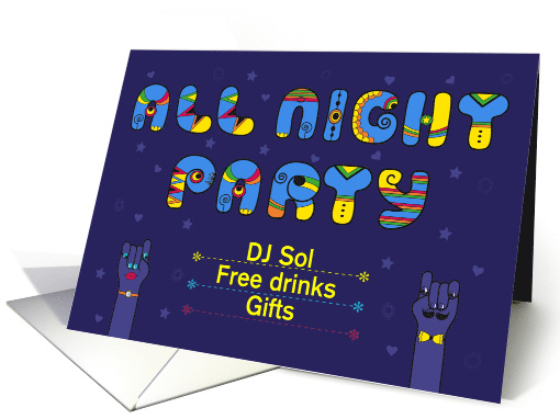 All night Party Invitation. Artistic retro font. Custom text card