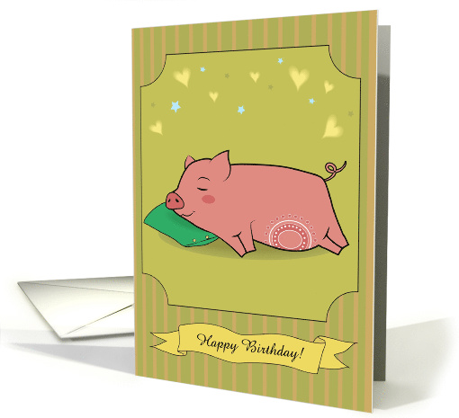 Cute pig with white decor and pillow. Happy birthday. Custom text card