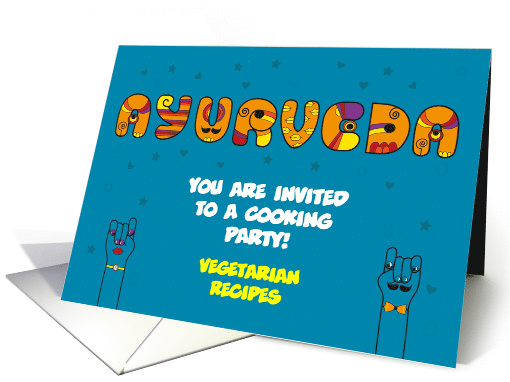 Ayurveda card. Artistic orange font. Cooking party. Custom text card