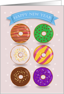 Happy New Year. festive card with colorful donuts card